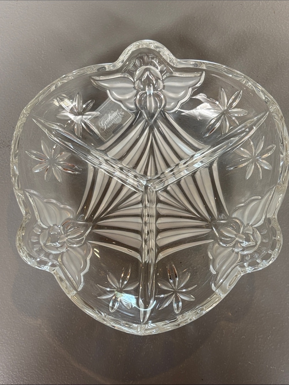 Gorham Angels of Peace Crystal 3-Part Divided Relish Dish Germany 8”